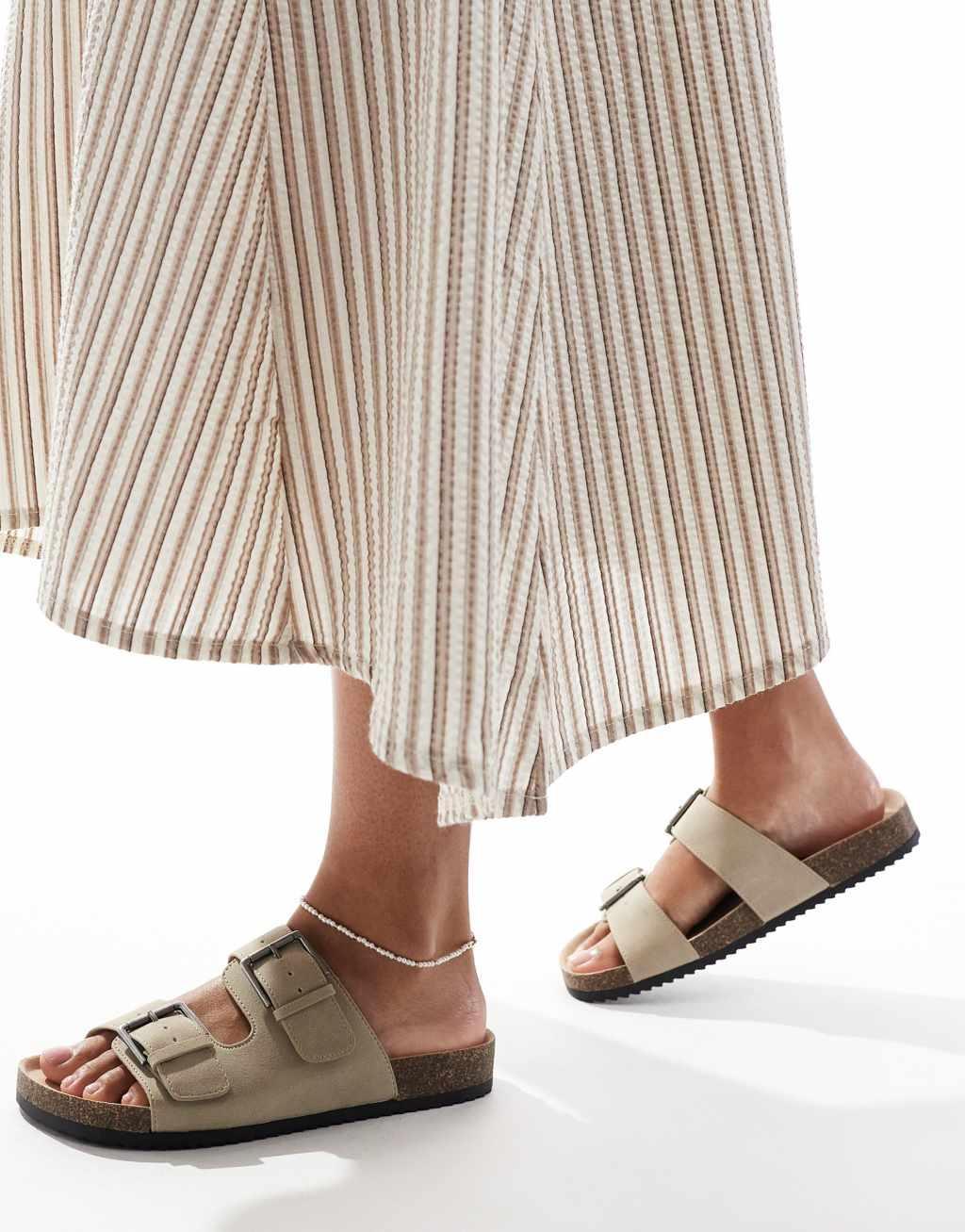 Pull&Bear suede double strap sandals in beige Product Image