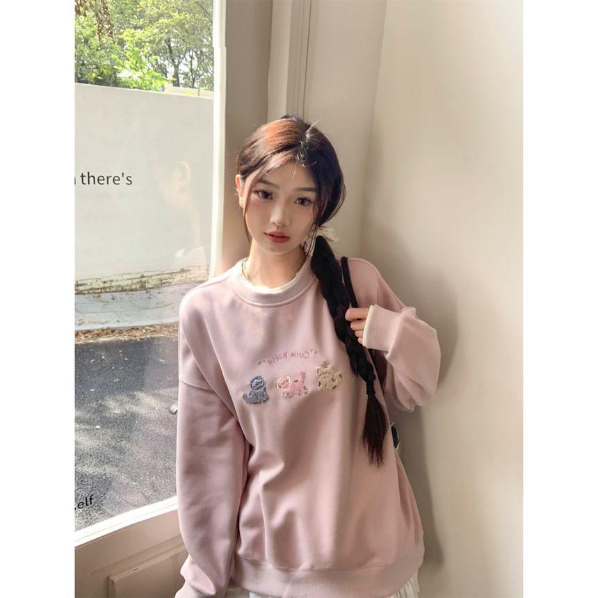 Mock Two-Piece Crew Neck Cat Embroidered Pullover Product Image