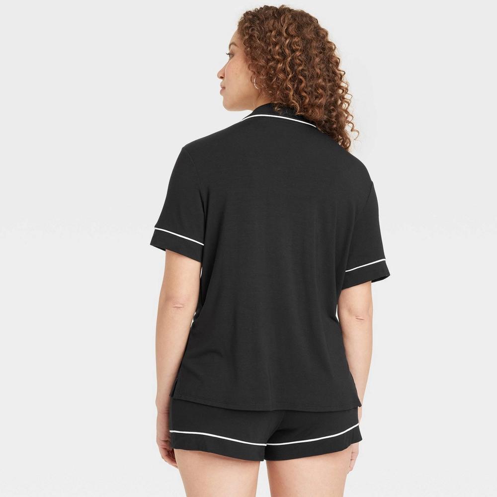 Womens Cloud Knit Short Sleeve Notch Collar Top and Shorts Pajama Set - Auden Black M Product Image