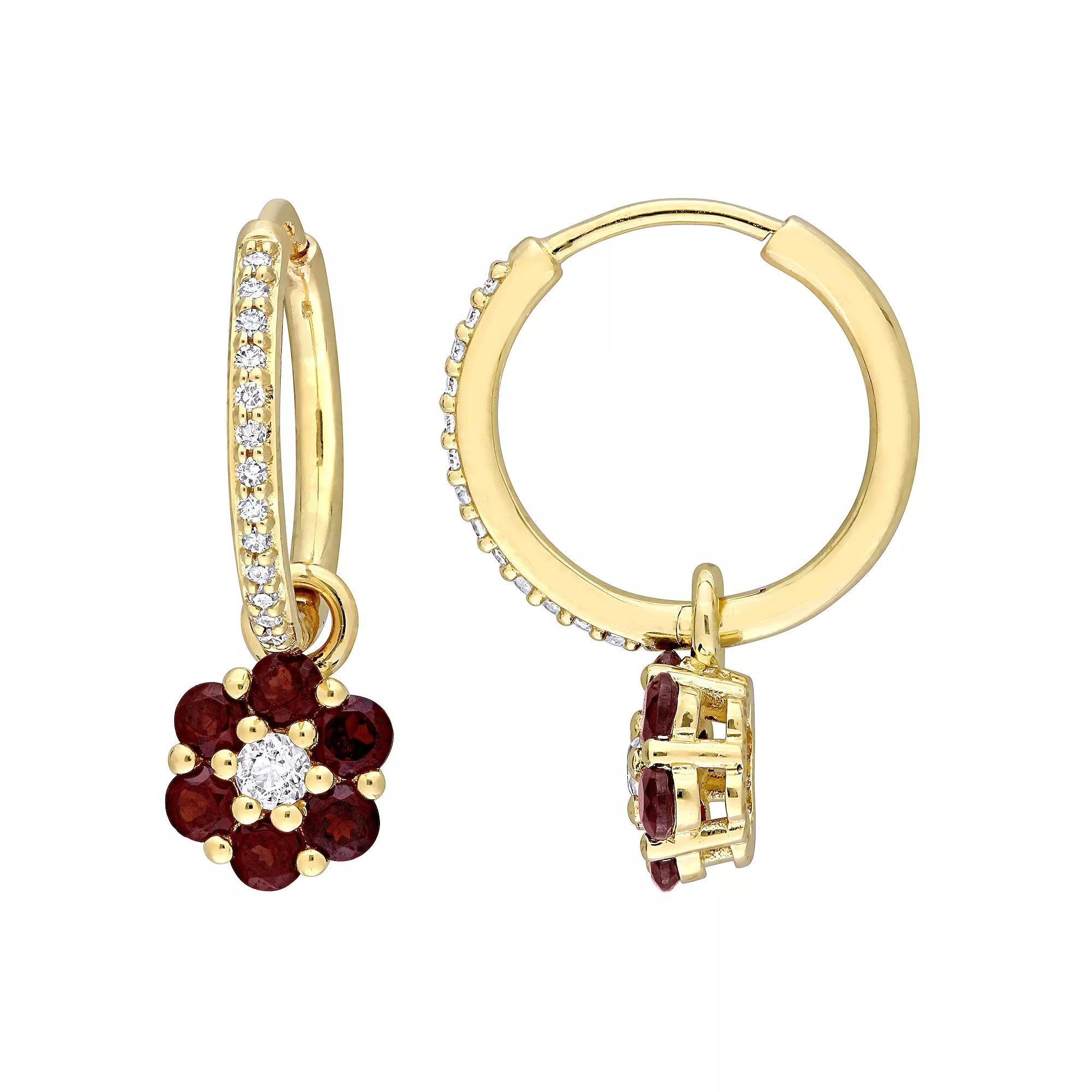Stella Grace 10k Gold Garnet, White Topaz & 1/8 Carat T.W. Diamond Floral Hoop Earrings, Women's Product Image