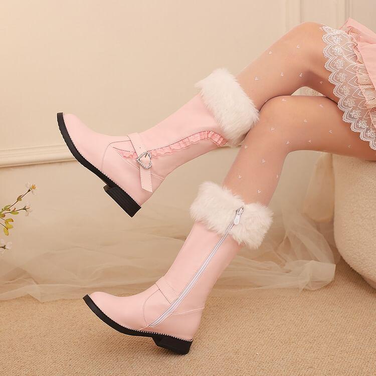 Low Heel Frill Trim Heart Buckled Faux Leather Mid-Calf Boots Product Image