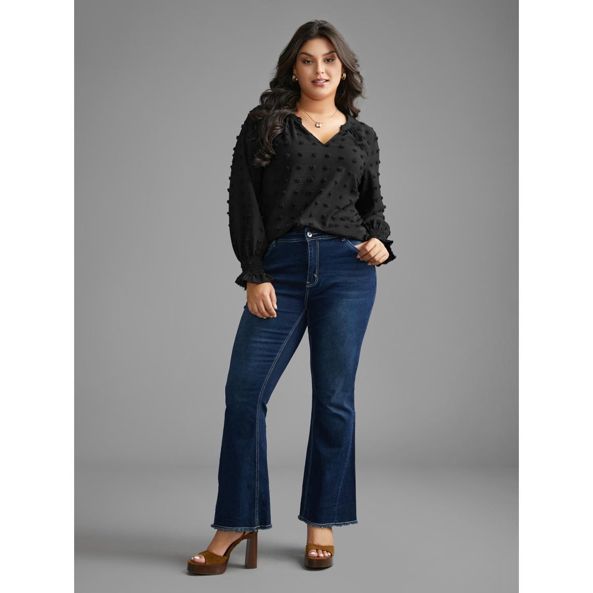 Plus Size Black Plain Textured Shirred Gathered Blouse Women Elegant Long Sleeve V-neck Everyday Blouses BloomChic 18-20/2X Product Image