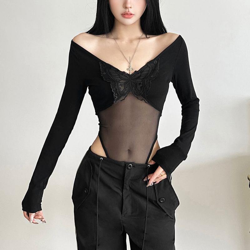 Long Sleeve V-Neck Butterfly Embroidered Plain Mesh Bodysuit Top Product Image