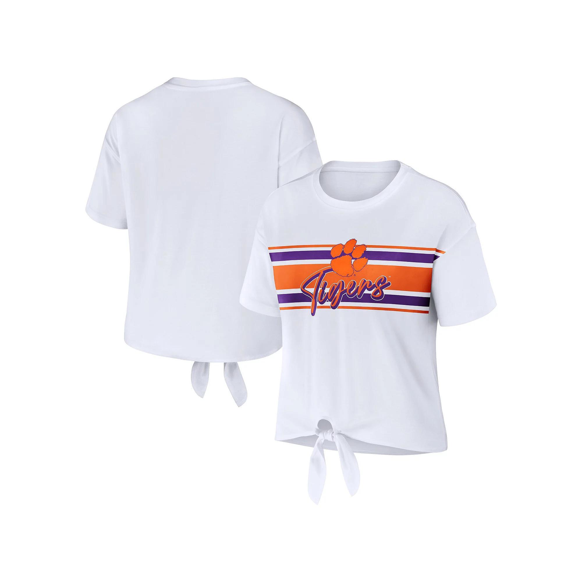Women's WEAR by Erin Andrews White Clemson Tigers Striped Front Knot Cropped T-Shirt,  Product Image