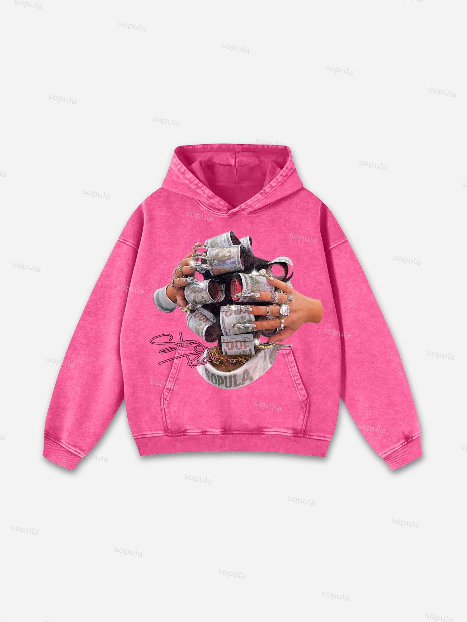 Stay Rich In Street Culture Portrait Graphic Acid Wash Hoodie Product Image