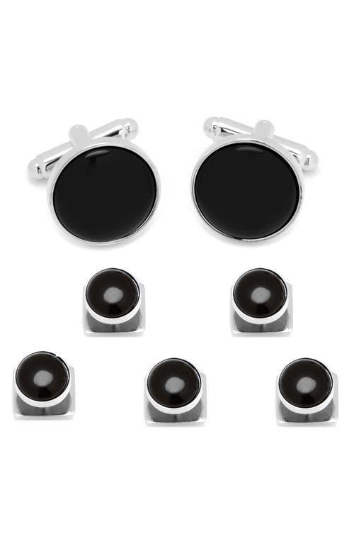 Mens 5-Piece Silver And Onyx Cufflink & Stud Set Product Image