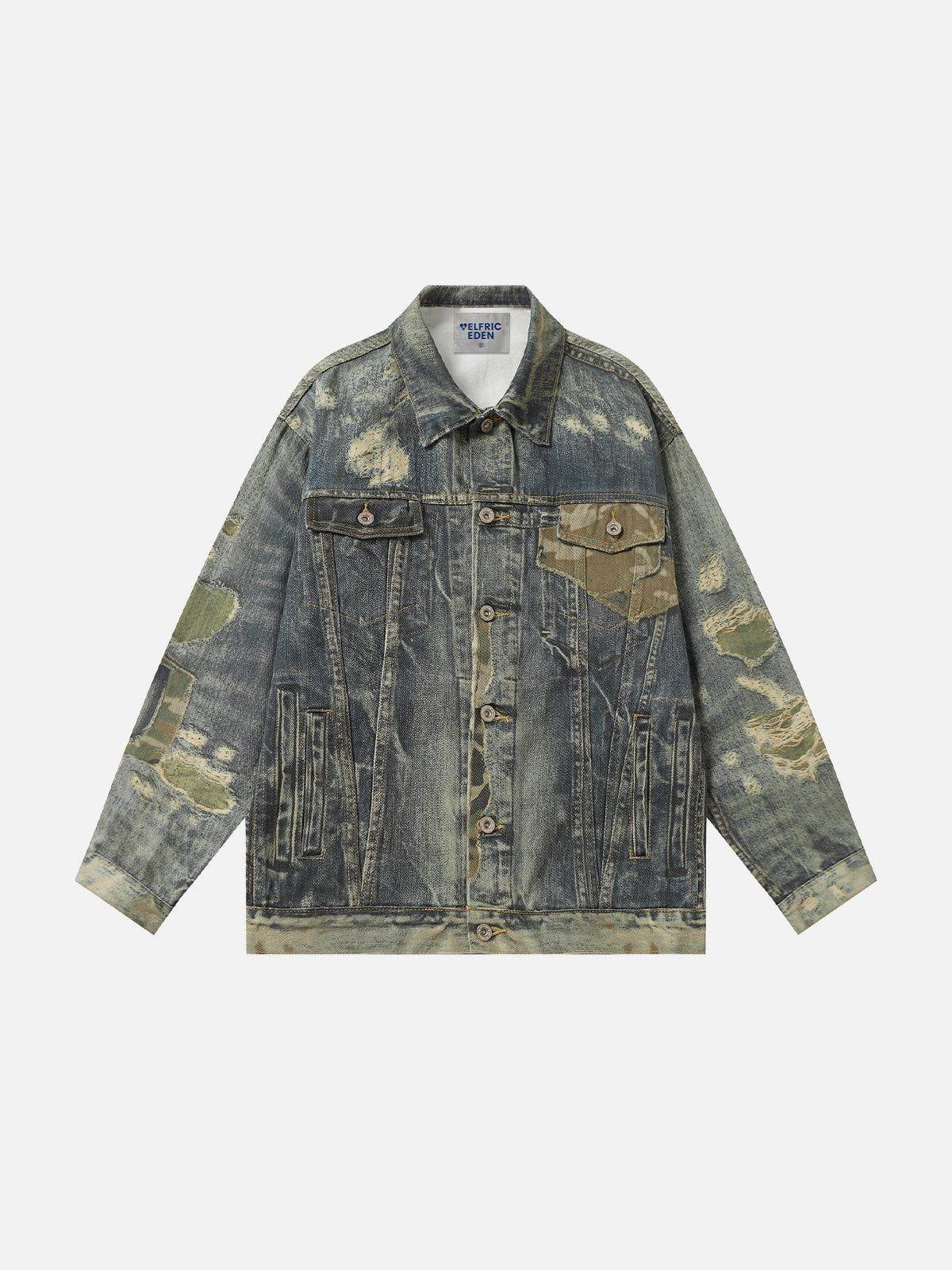 Aelfric Eden Camouflage Distressed Graphic Denim Jacket Product Image