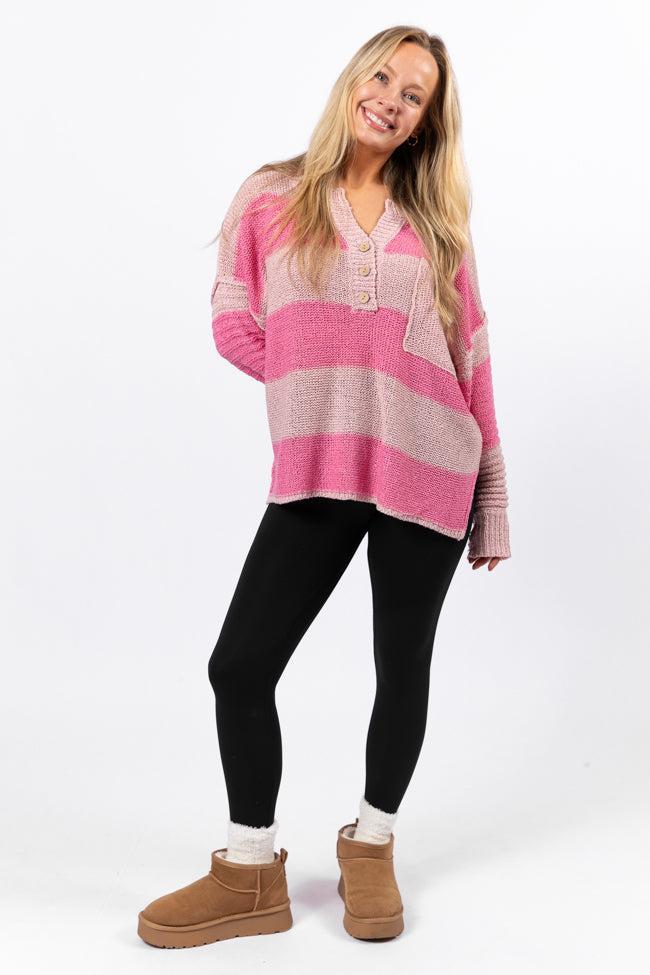 Know You Best Pink Oversized Striped Henley Sweater FINAL SALE Product Image