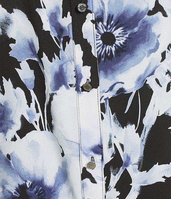 Calvin Klein Printed Crepe De Chine Split V-Neck Roll-Tab Sleeves Button Front Blouse Product Image