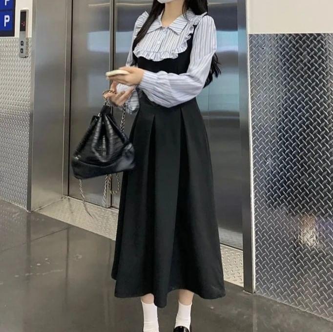 Long-Sleeve Collar Striped Panel Ruffle Midi A-Line Dress Product Image