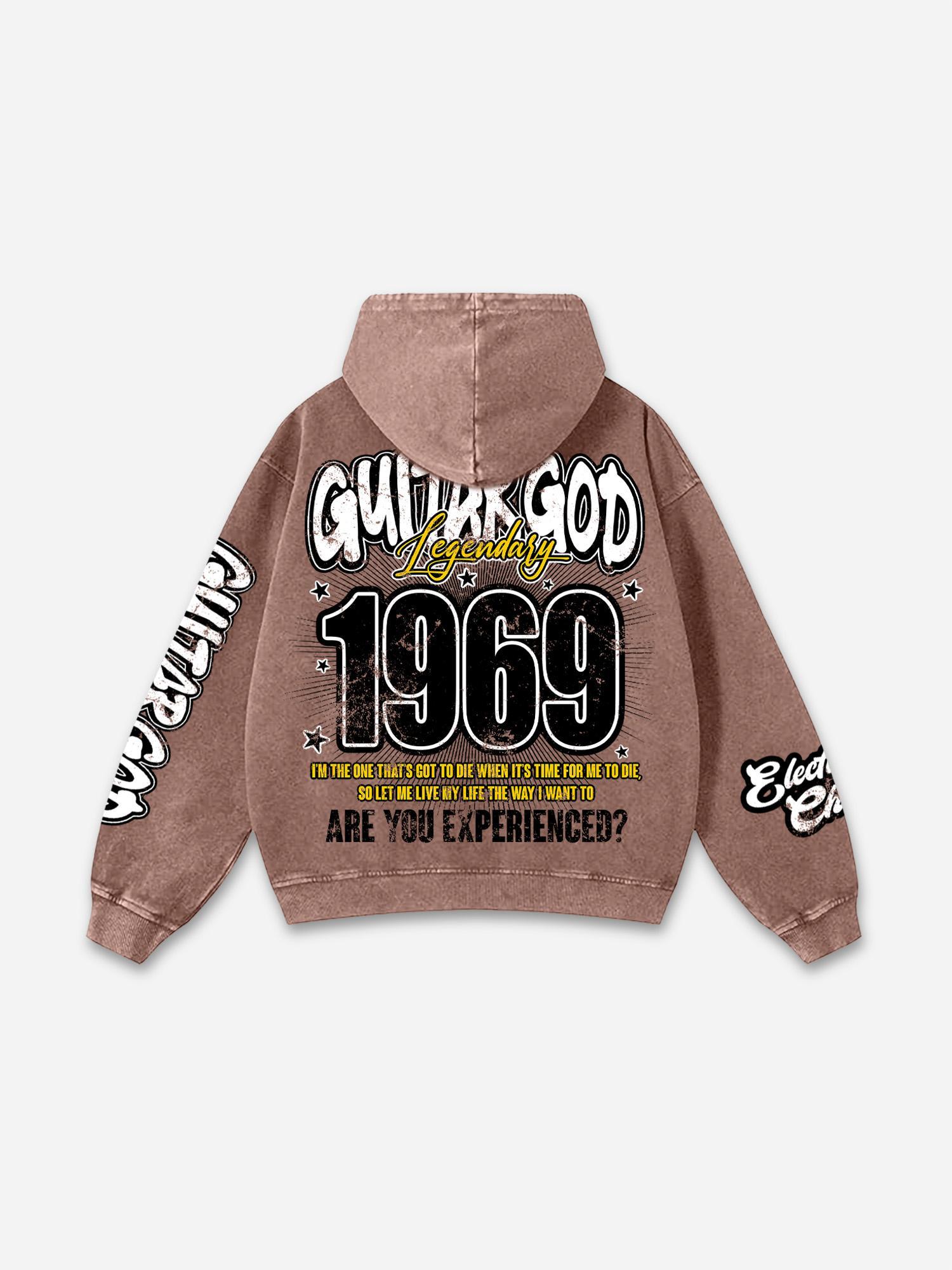 Jimi Hendrix Art 1969 Guitar God Graphic Acid Wash Hoodie Product Image