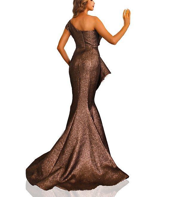 Terani Couture One Shoulder 3D Ruffle Front Front Jacquard Mermaid Gown Product Image