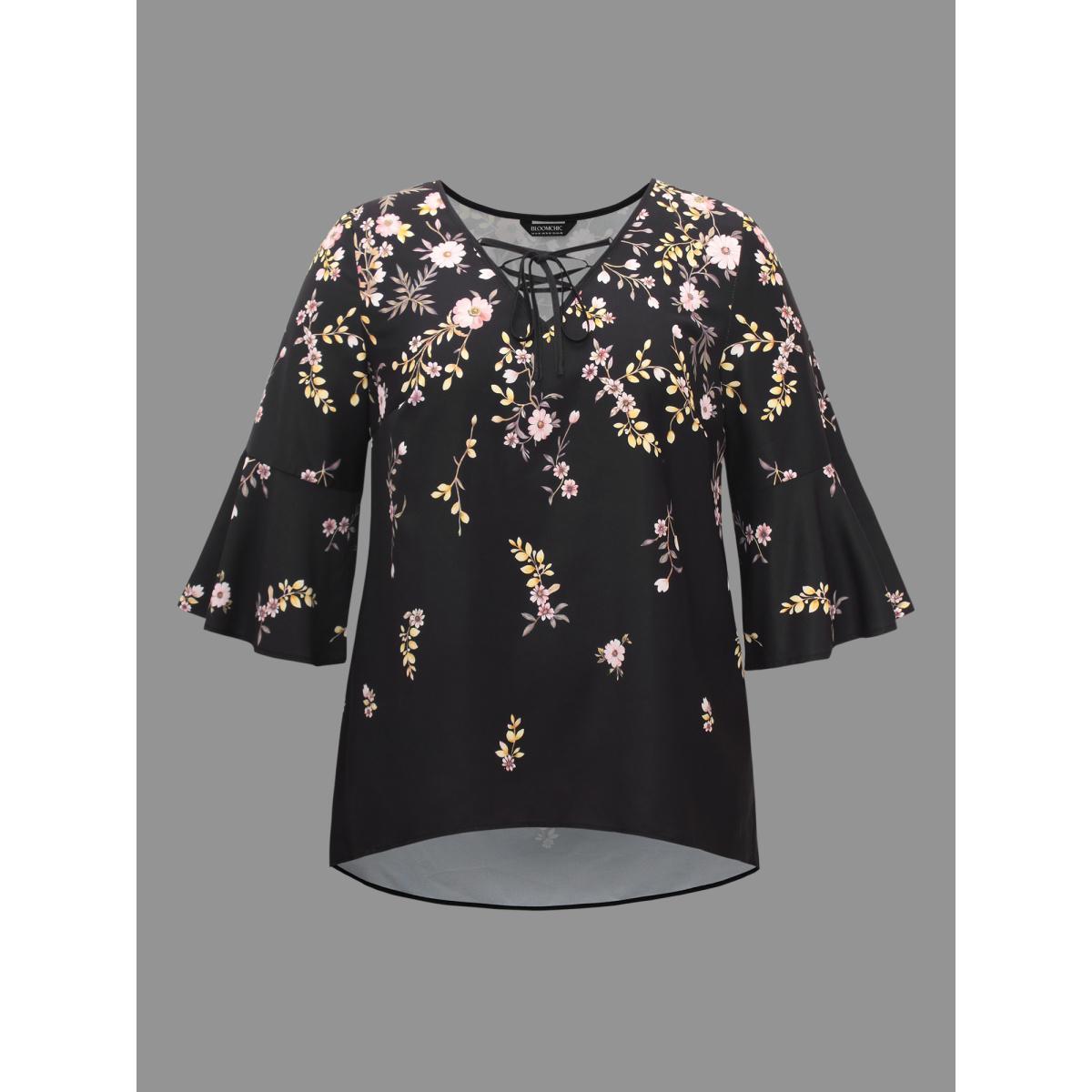 Plus Size BlackFlower Gradient Floral Ruffle Sleeves Blouse Women Elegant Elbow-length sleeve V-neck Everyday Blouses BloomChic 14-16/1X Product Image