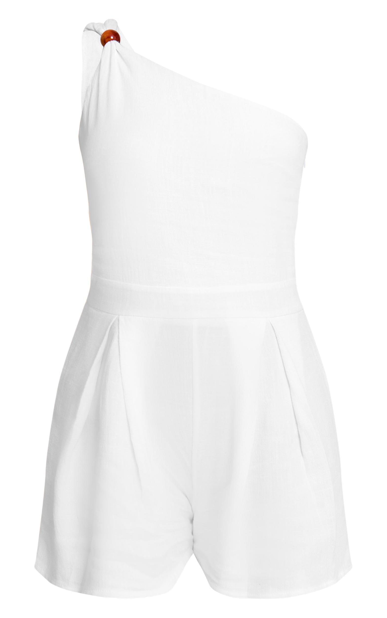 White Linen Look Bead Detail One Shoulder Romper Product Image