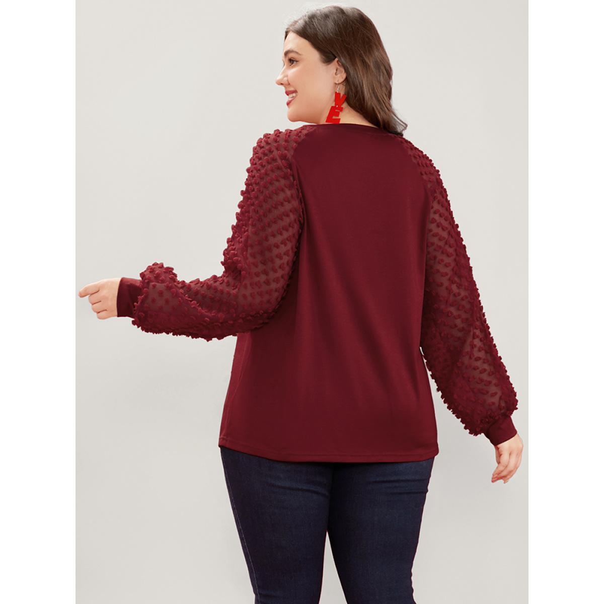 Plus Size Solid Mesh Patchwork Embroidered Round Neck Long Tee Scarlet Women Elegant See through Plain Round Neck Dailywear T-shirts BloomChic 12/L Product Image