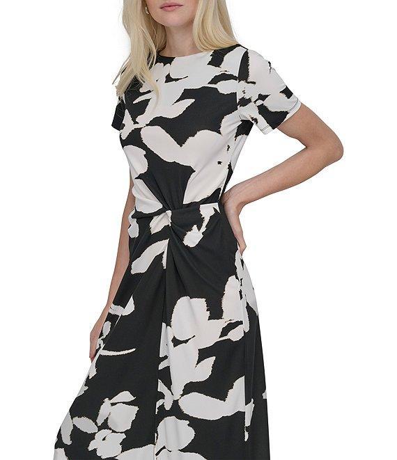 DKNY by Donna Karan Matte Jersey Floral Print Boat Neck Short Sleeve Twist Front Sheath Midi Dress Product Image