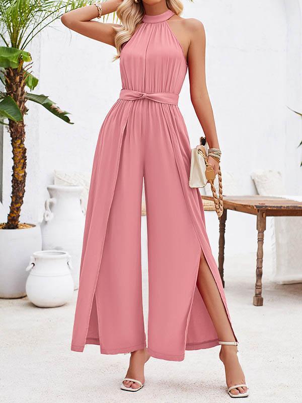 High Waisted Loose Pleated Solid Color Split-Front Tied Waist Halter-Neck Jumpsuits Product Image