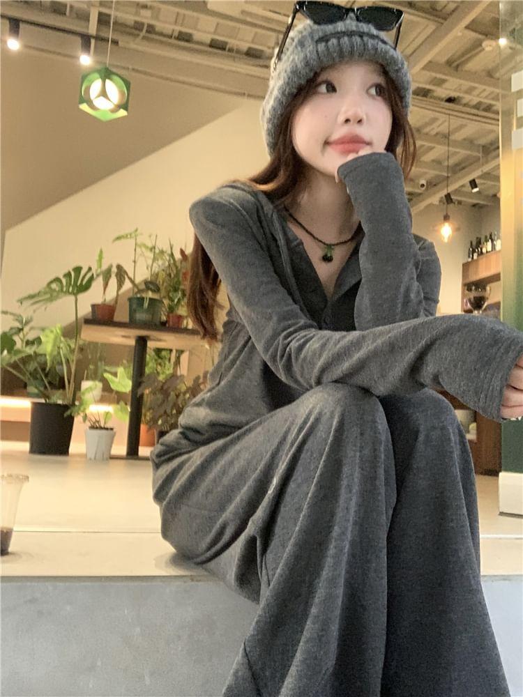 Long-Sleeve Plain Hooded Top / Drawstring Waist Loose-Fit Pants Product Image