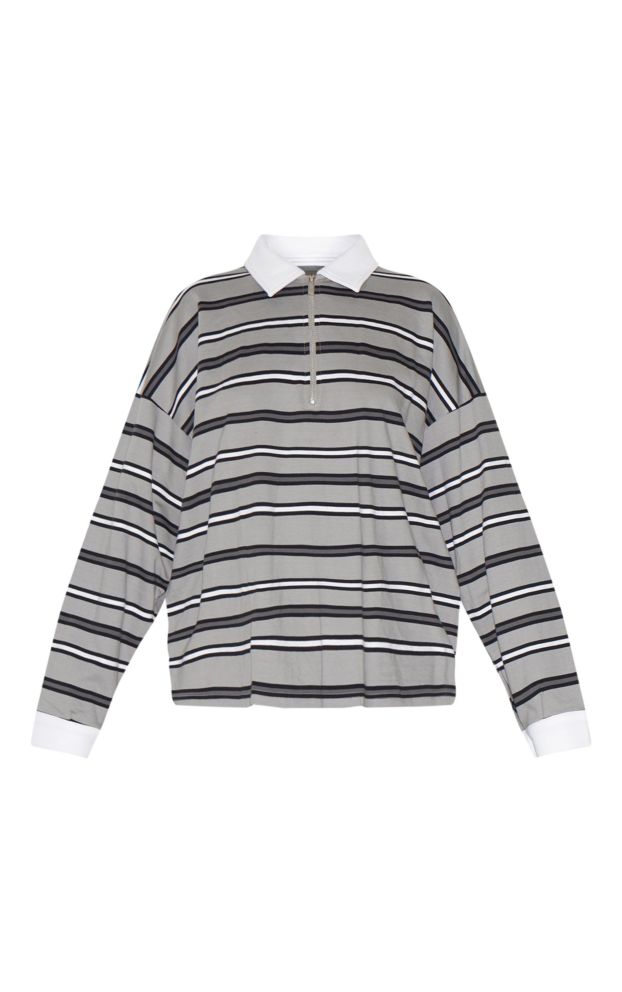 Charcoal Grey Oversized Stripe Contrast Collar Sweat Product Image