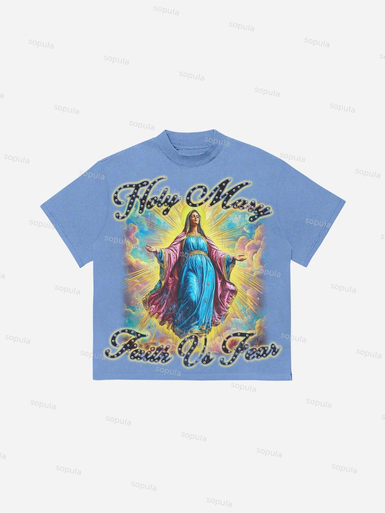 Men's Faith Vintage Holy Mary Graphics Cotton T-shirt Product Image
