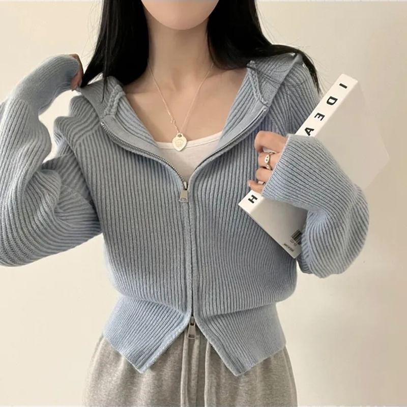 Plain Ribbed Zip-Up Knit Hoodie Product Image