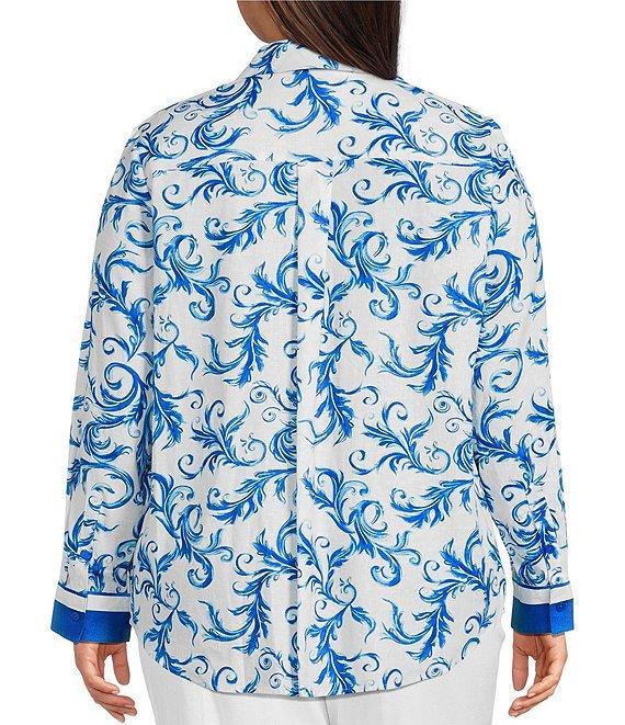Investments Plus Size Woven Blue Lolite Status Border Long Sleeve Point Collar Button Front Top Product Image