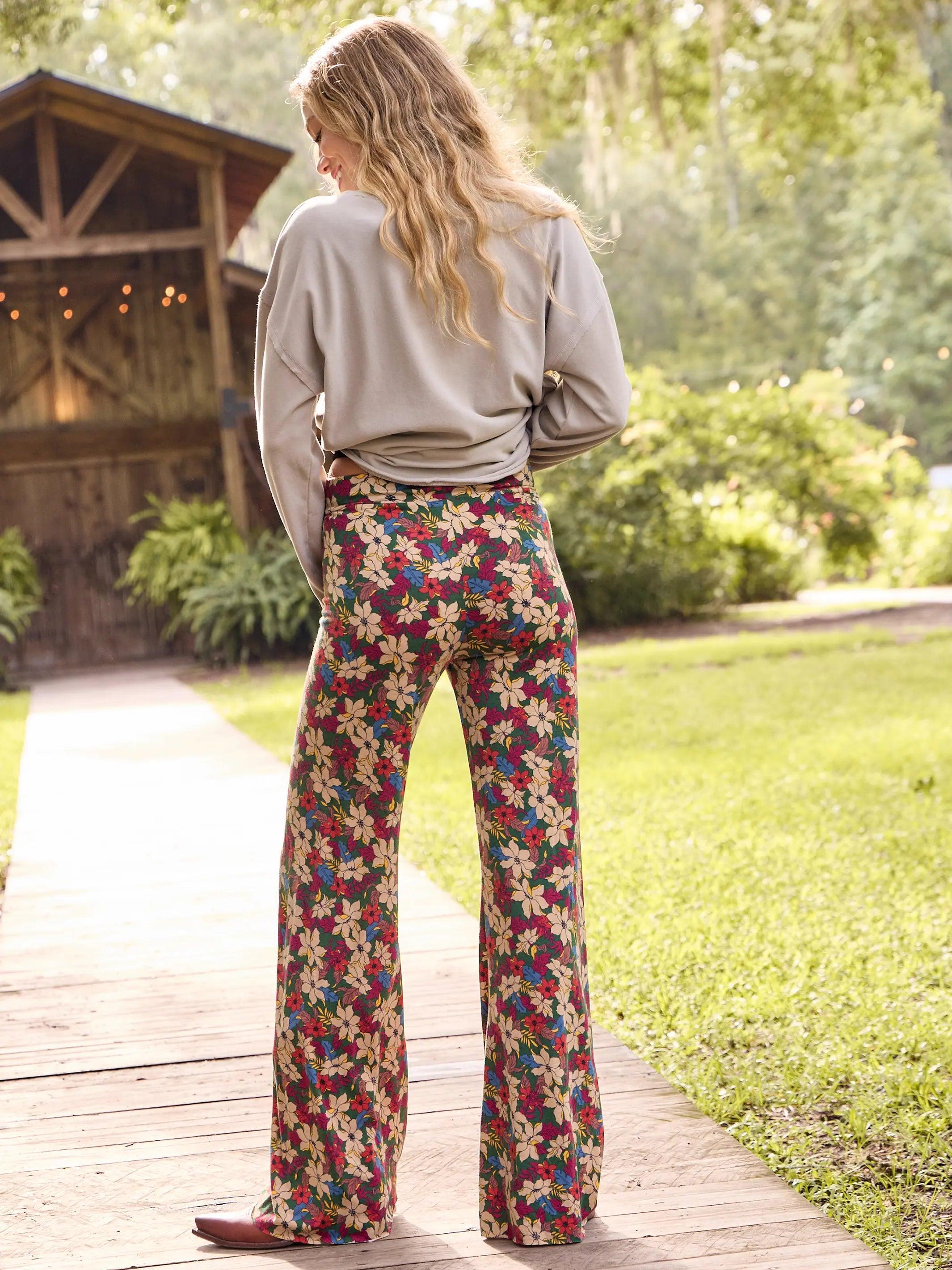 Cali Knit Flare Pant - Green White Lilies Product Image