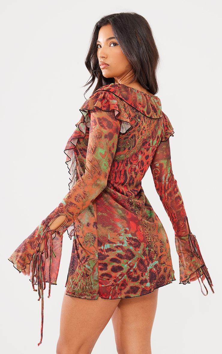 Brown Abstract Printed Double Mesh Long Sleeve Shift Dress Product Image