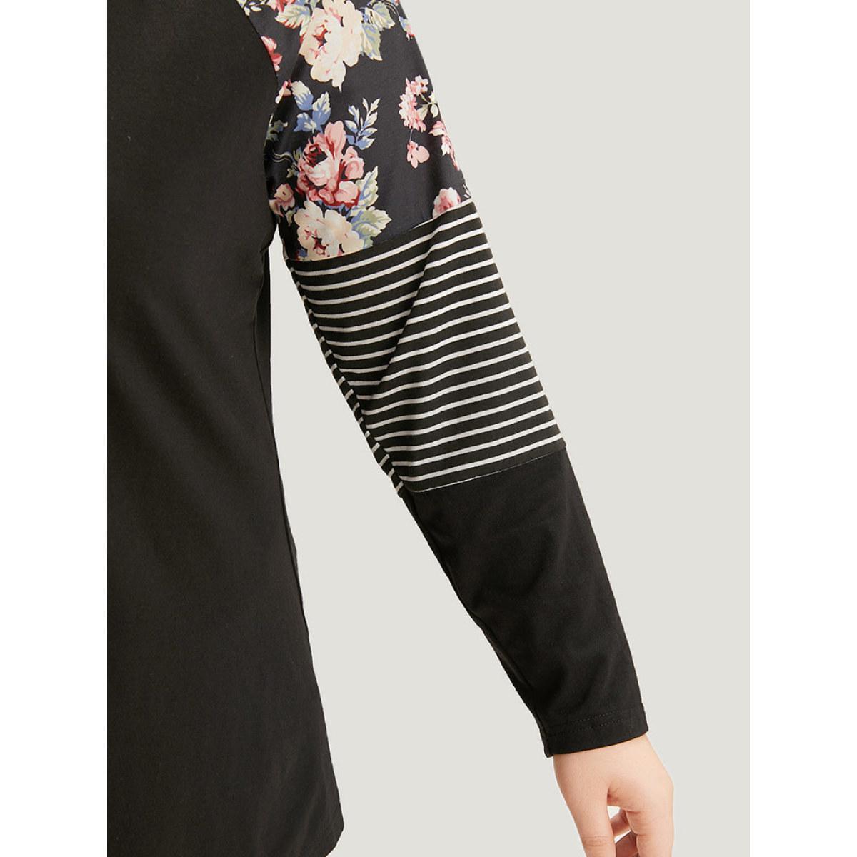 Plus Size Floral Striped Patchwork Crew Neck Raglan Sleeve T-shirt Black Women Casual Contrast Striped Round Neck Dailywear T-shirts BloomChic 26/4X Product Image
