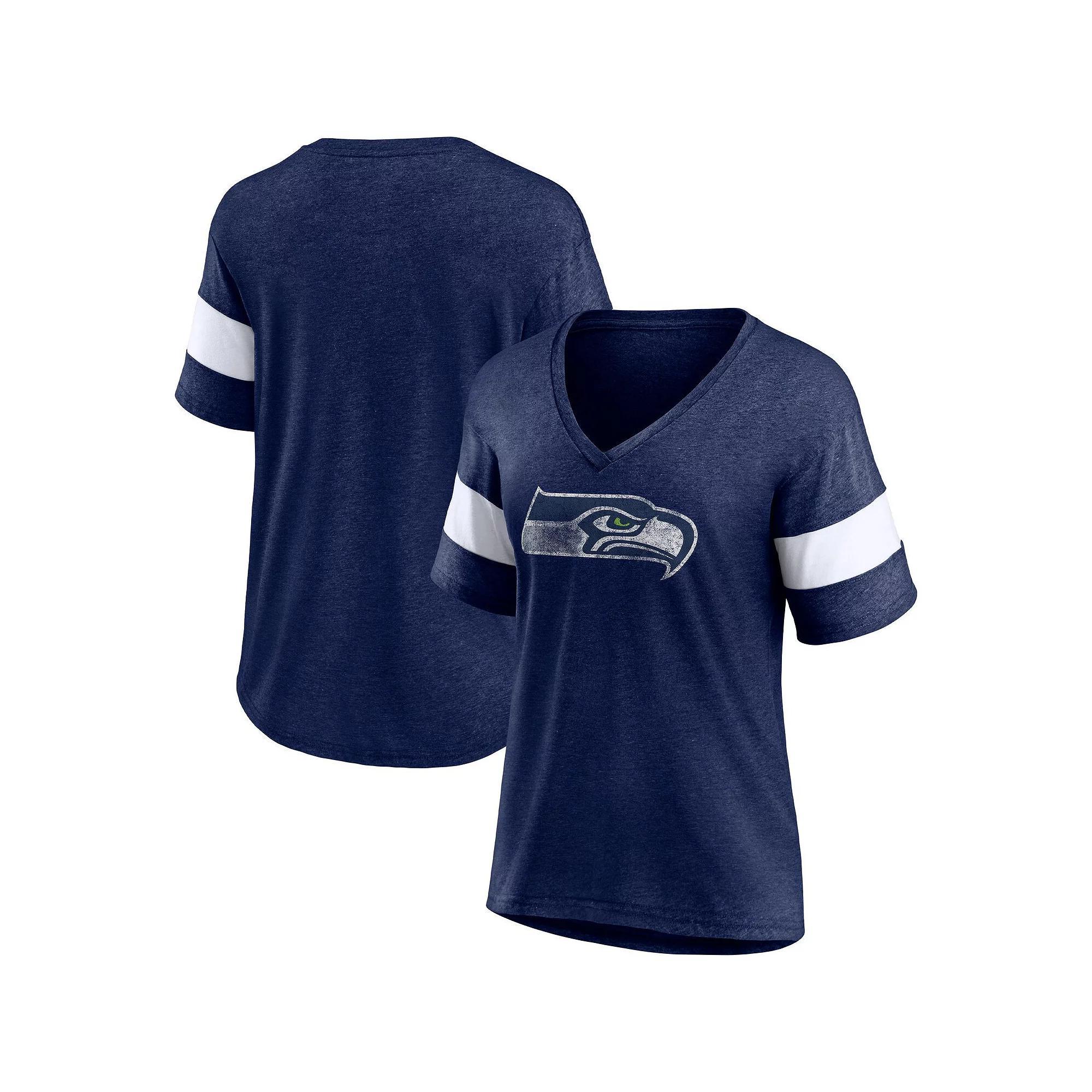 Women's Fanatics Branded Heathered Navy/White Seattle Seahawks Distressed Team Tri-Blend V-Neck T-Shirt, Size: Small, Blue Product Image