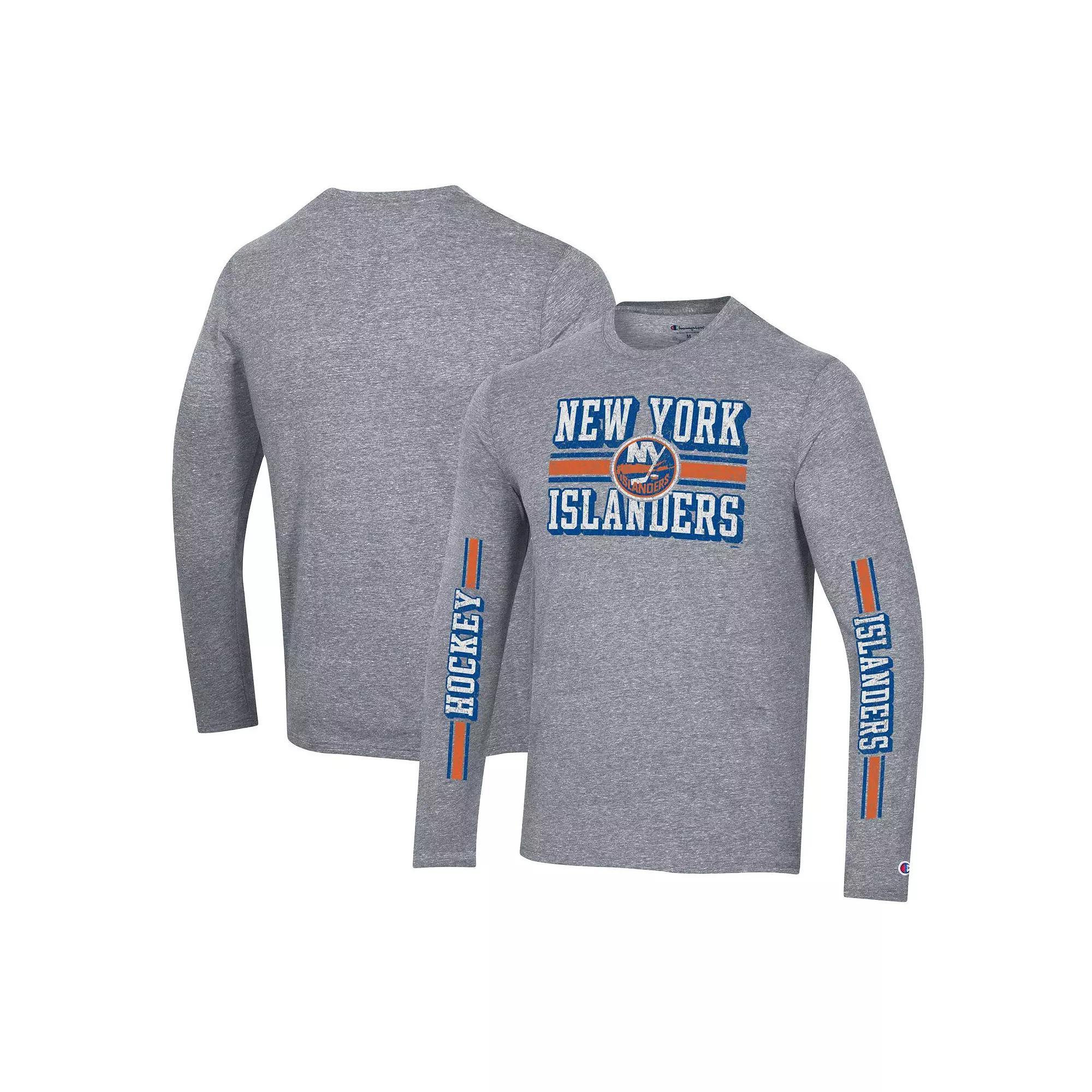 Men's Champion Heather Gray New York Islanders Tri-Blend Dual-Stripe Long Sleeve T-Shirt,  Product Image