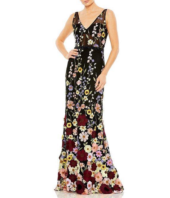 Mac Duggal Floral Embroidered Tulle Sleeveless V-Neck A-Line Gown Product Image