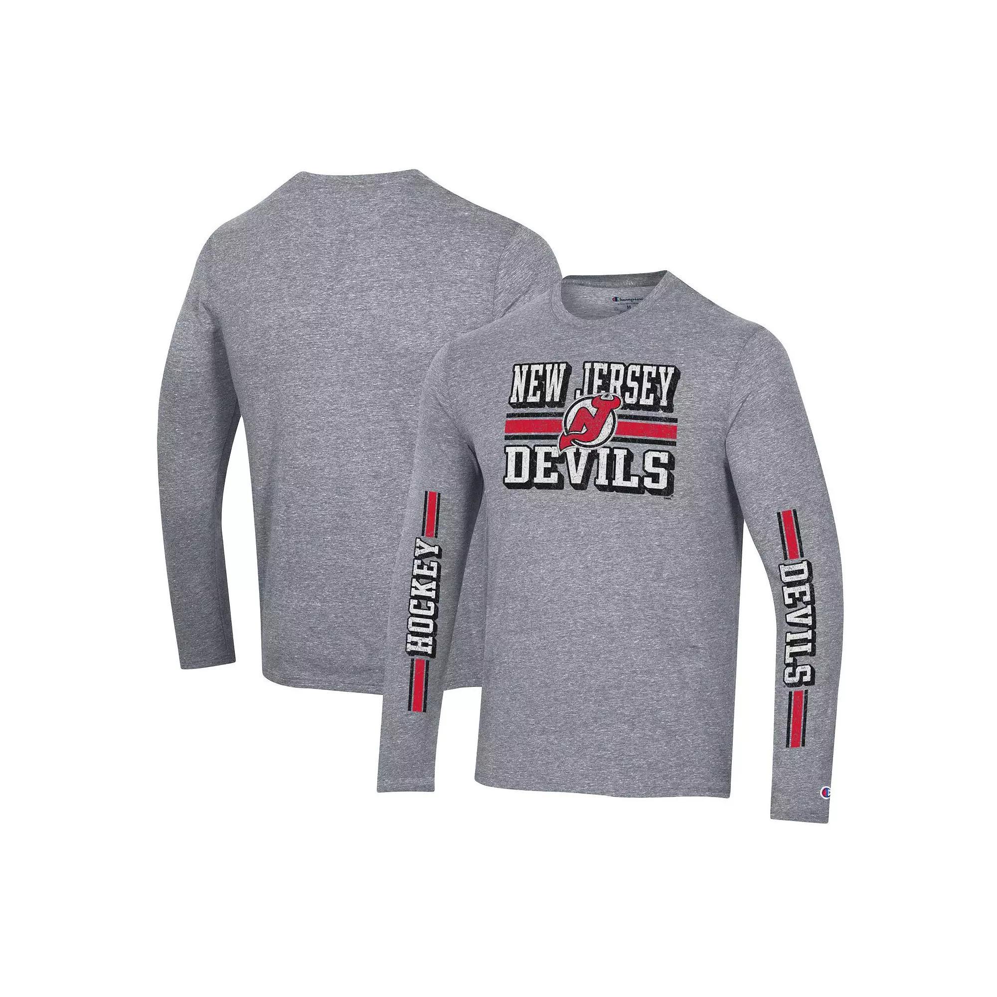 Men's Champion Heather Gray New Jersey Devils Tri-Blend Dual-Stripe Long Sleeve T-Shirt, Size: Medium, Nhl Grey Product Image