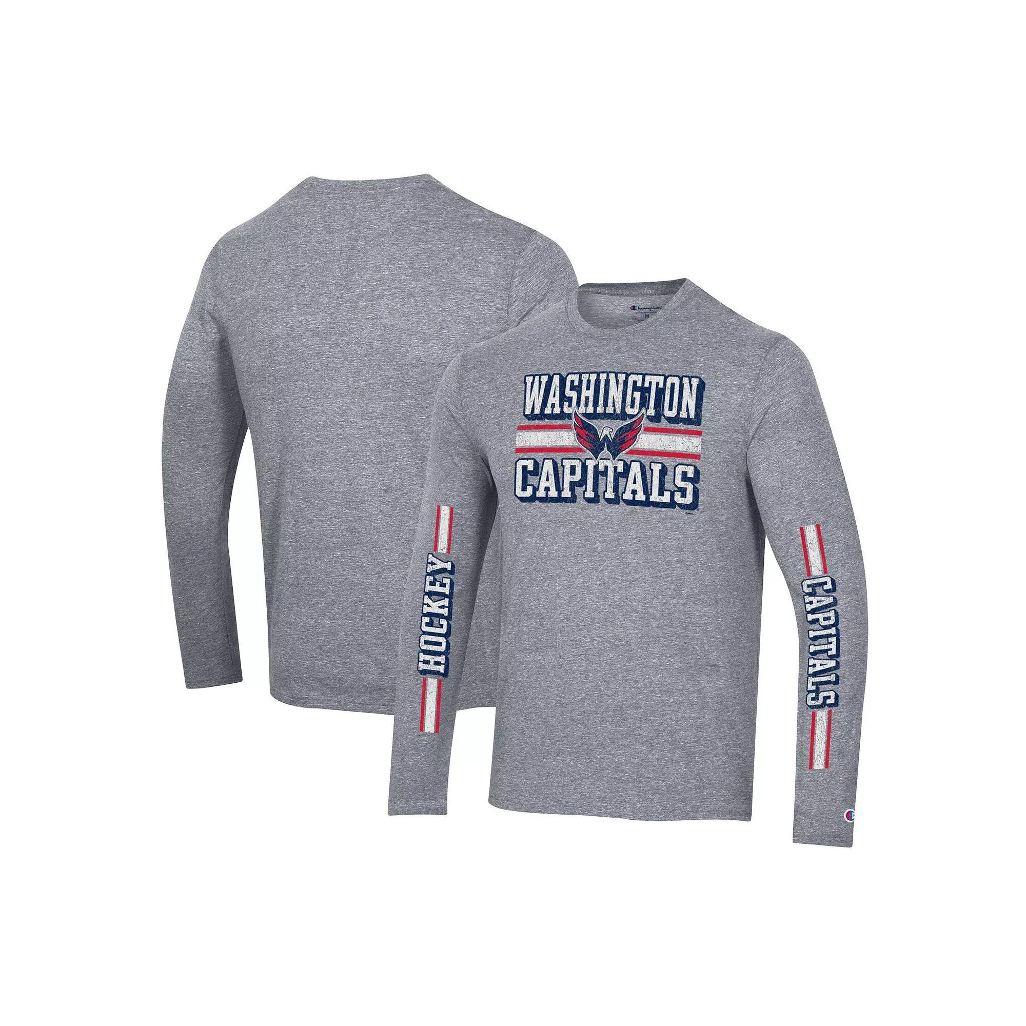 Men's Champion Heather Gray Washington Capitals Tri-Blend Dual-Stripe Long Sleeve T-Shirt,  Product Image
