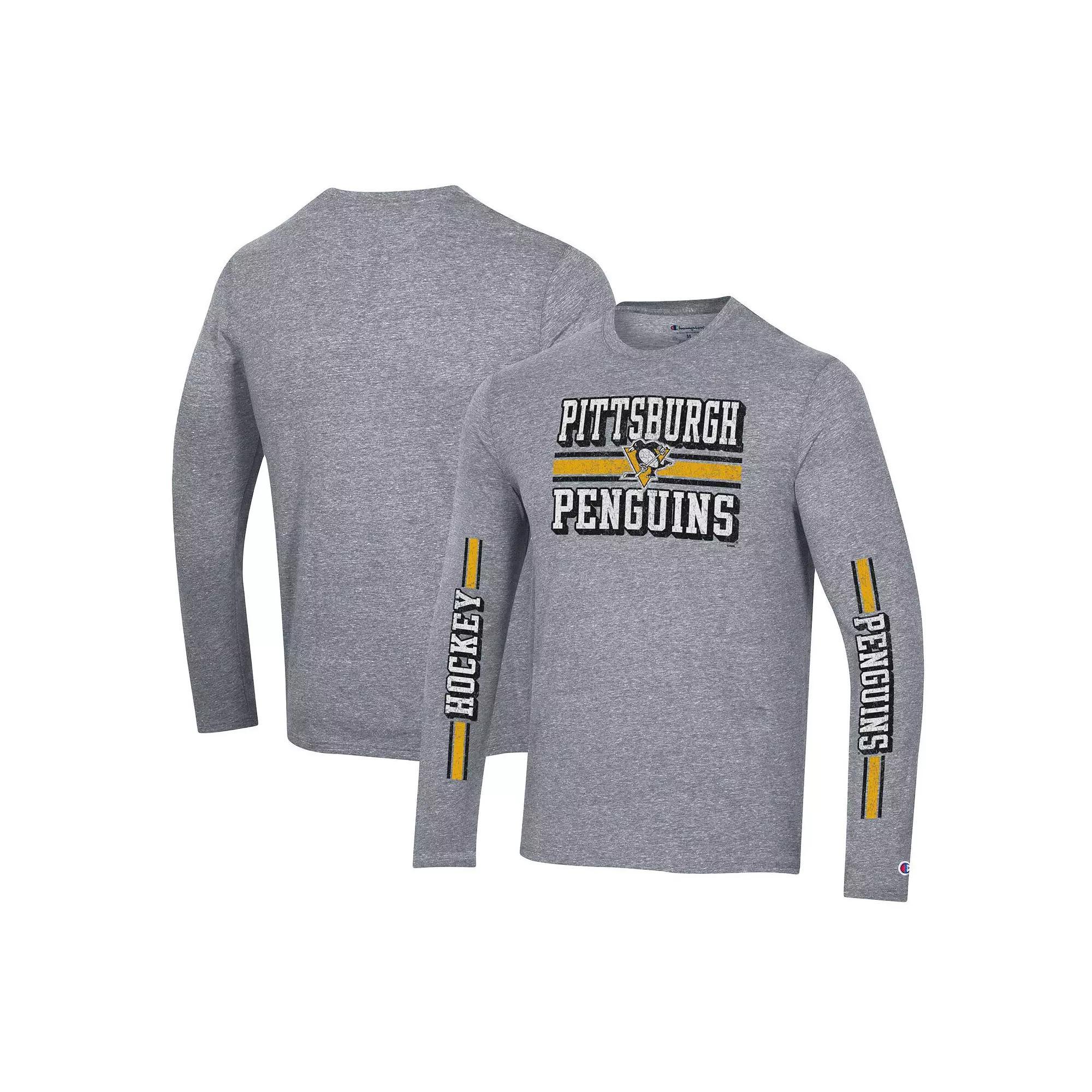 Men's Champion Heather Gray Pittsburgh Penguins Tri-Blend Dual-Stripe Long Sleeve T-Shirt,  Product Image