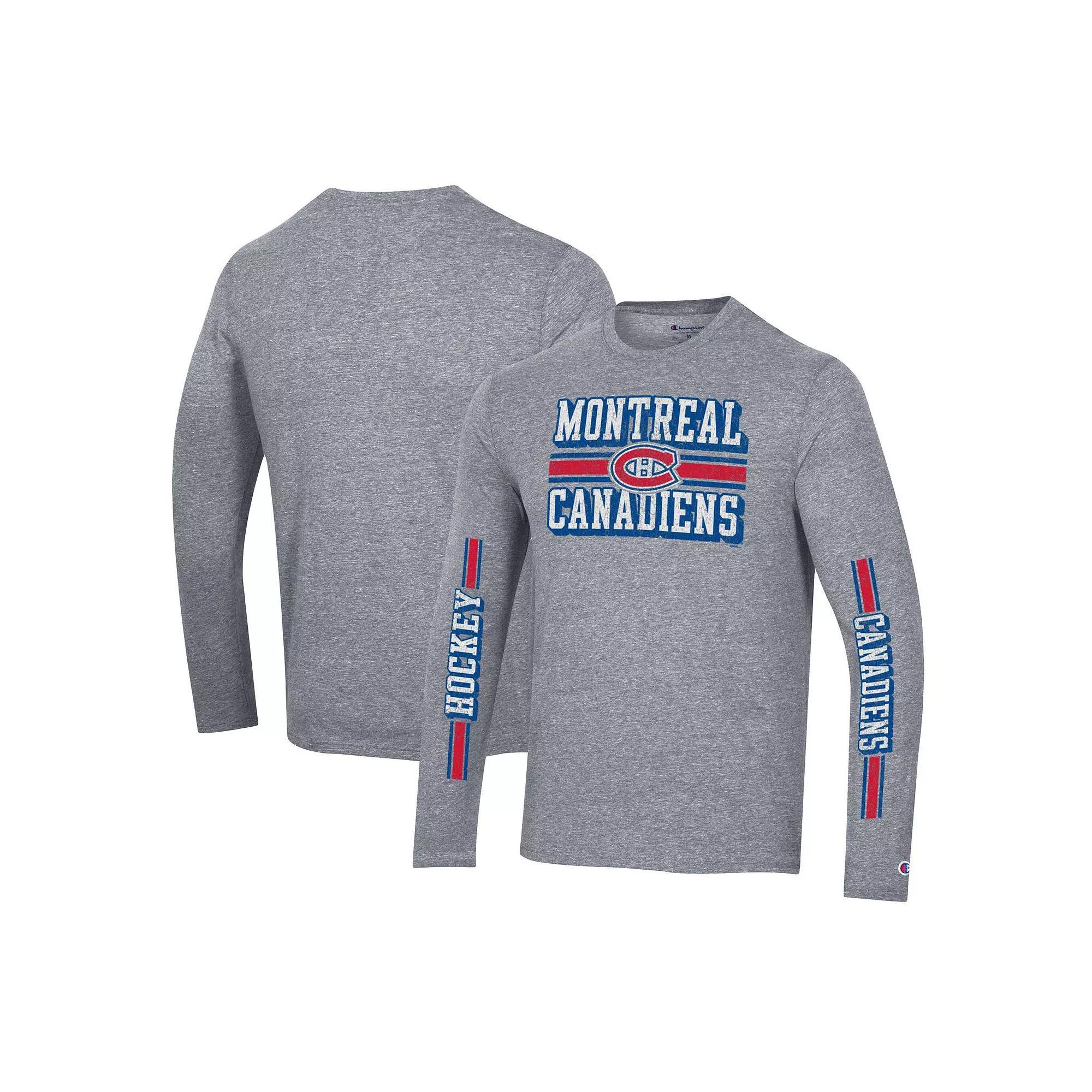 Men's Champion Heather Gray Montreal Canadiens Tri-Blend Dual-Stripe Long Sleeve T-Shirt, Size: Large, Cnd Grey Product Image