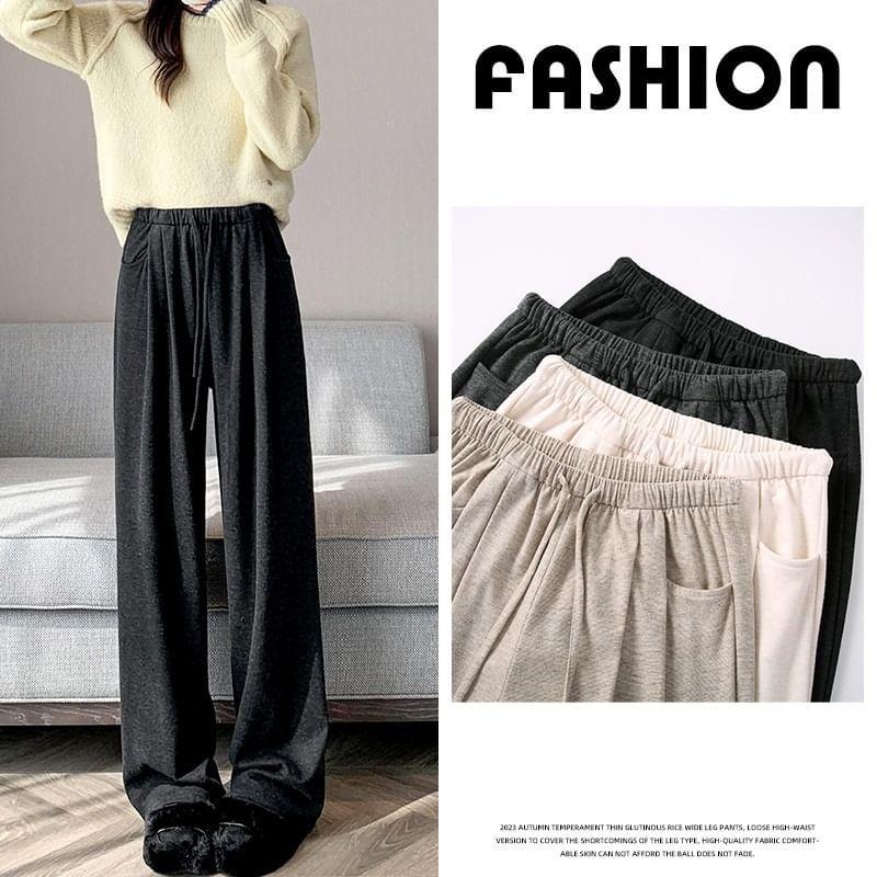 Drawstring Waist Plain Wide Leg Pants Product Image