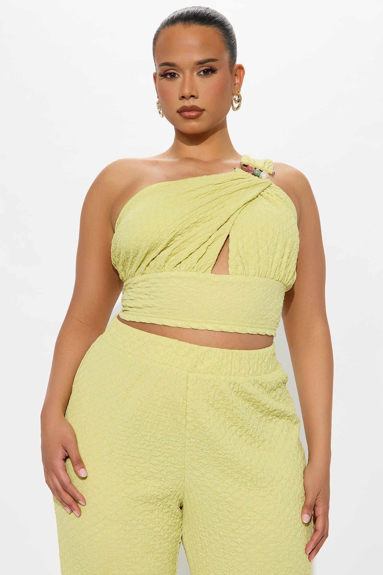 Aza One Shoulder Textured Flare Pant Set - Chartreuse Female Product Image