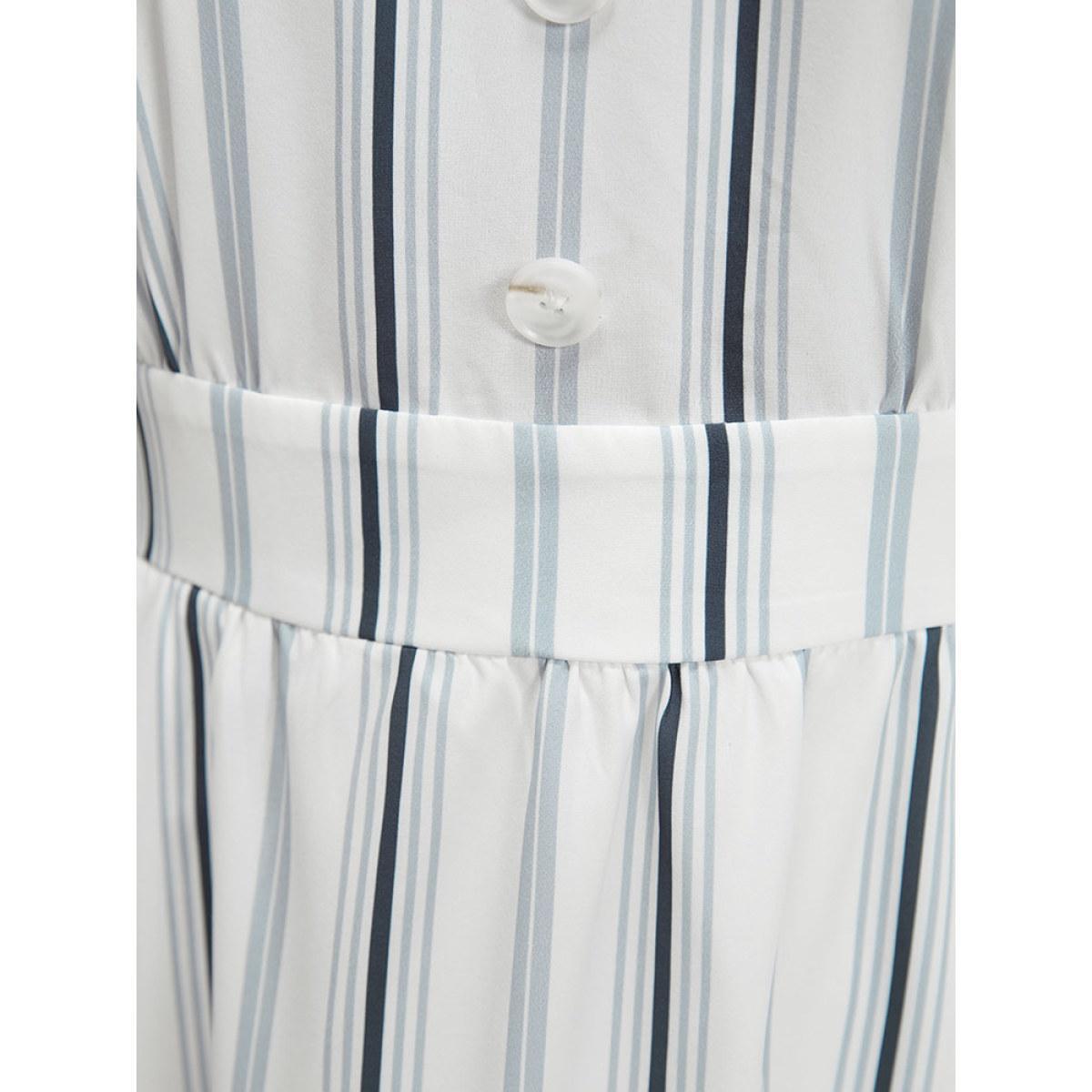 Plus Size Striped Ruffle Cap Sleeve Button Detail Wideband Waist Dress Multicolor Women Elegant Elastic Waist V-neck Cap Sleeve Curvy Midi Dress BloomChic 14-16/1X Product Image