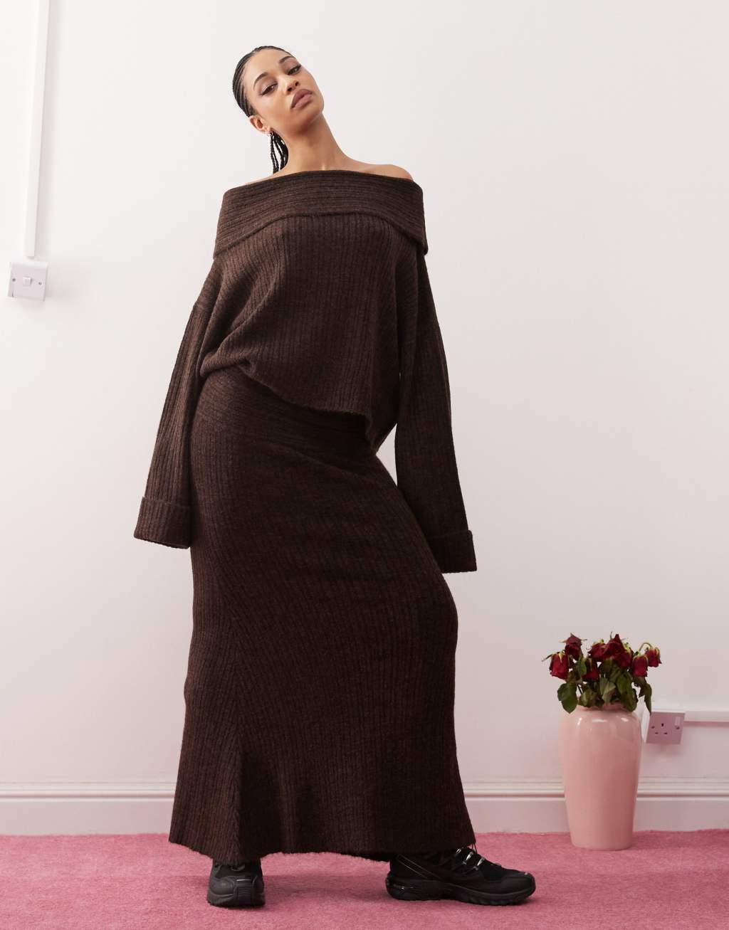 COLLUSION knit ribbed maxi skirt in brown Product Image