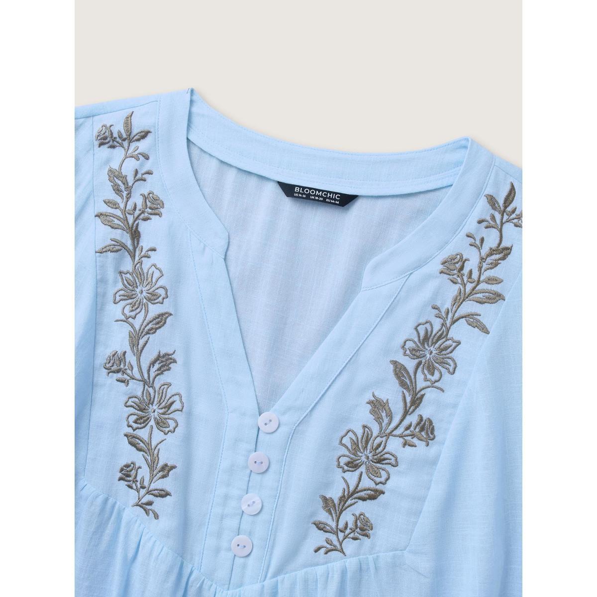 Plus Size LightBlue Cotton Floral Embroidered Notched Collar Frill Trim Blouse Women Leisure Elbow-length sleeve Stand-up collar Casual Blouses BloomChic 22-24/3X Product Image