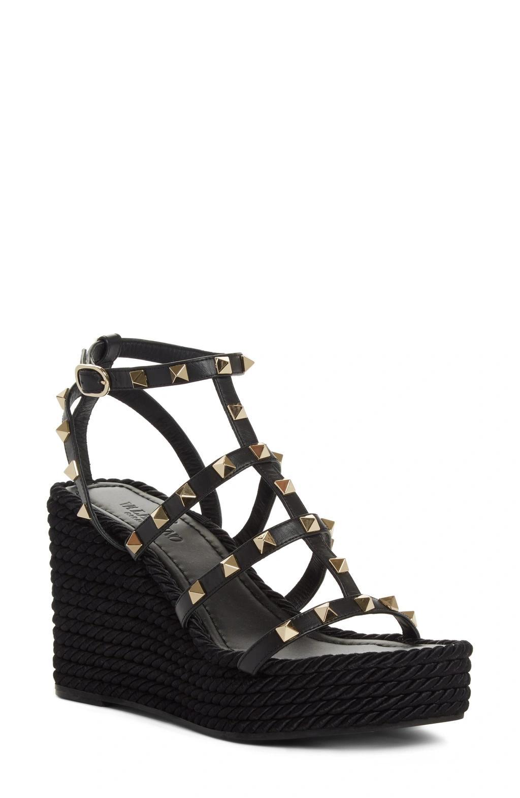 VALENTINO GARAVANI Rockstud Metallic Leather Wedge Espadrilles In Black Product Image