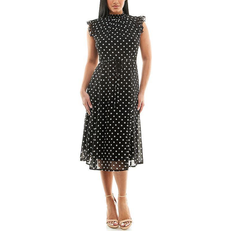 Women's Nina Leonard Smocked Flutter Sleeve Print Dress, Size: Small, Black White Product Image