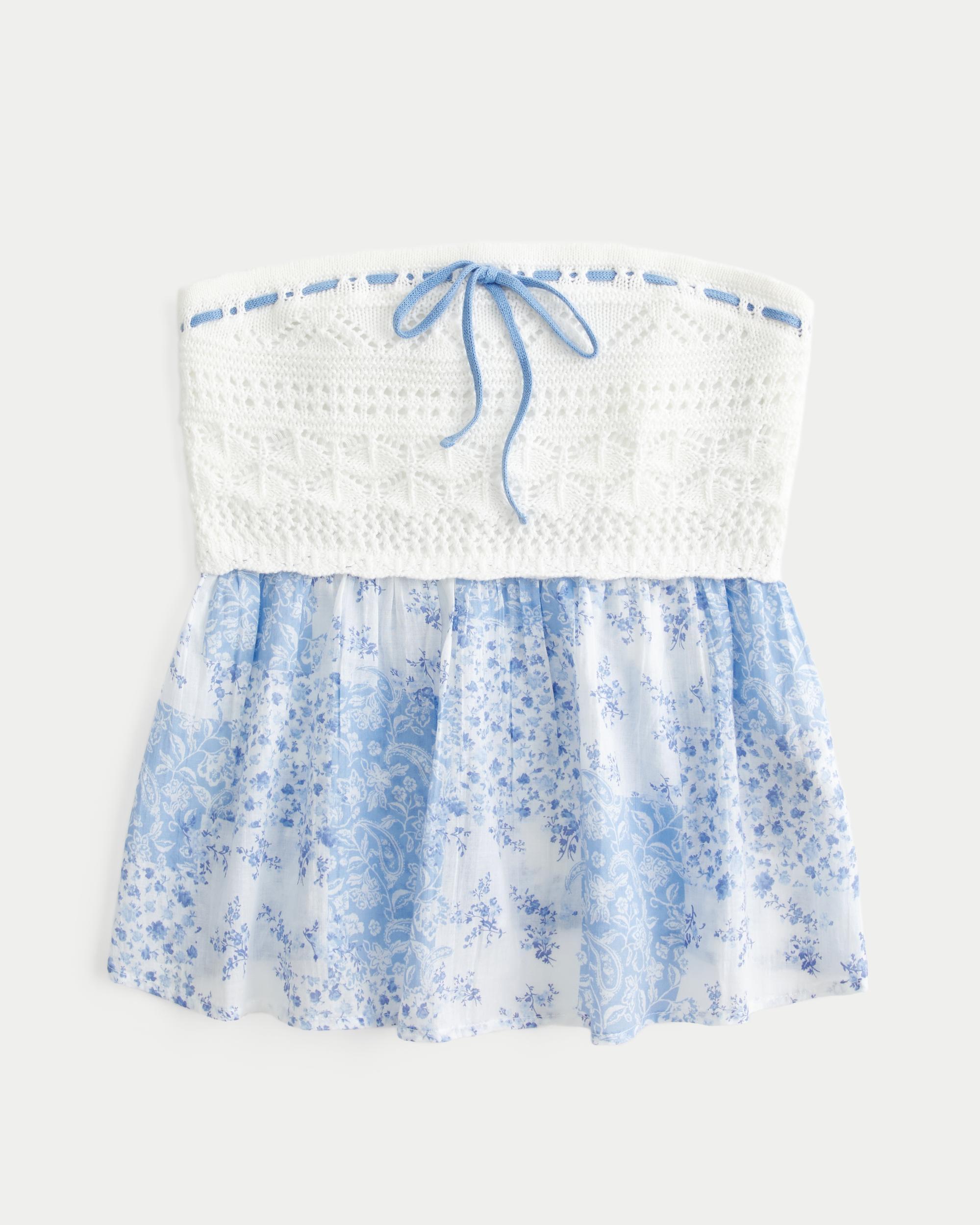 Easy Strapless Crochet Mix Babydoll Top Product Image