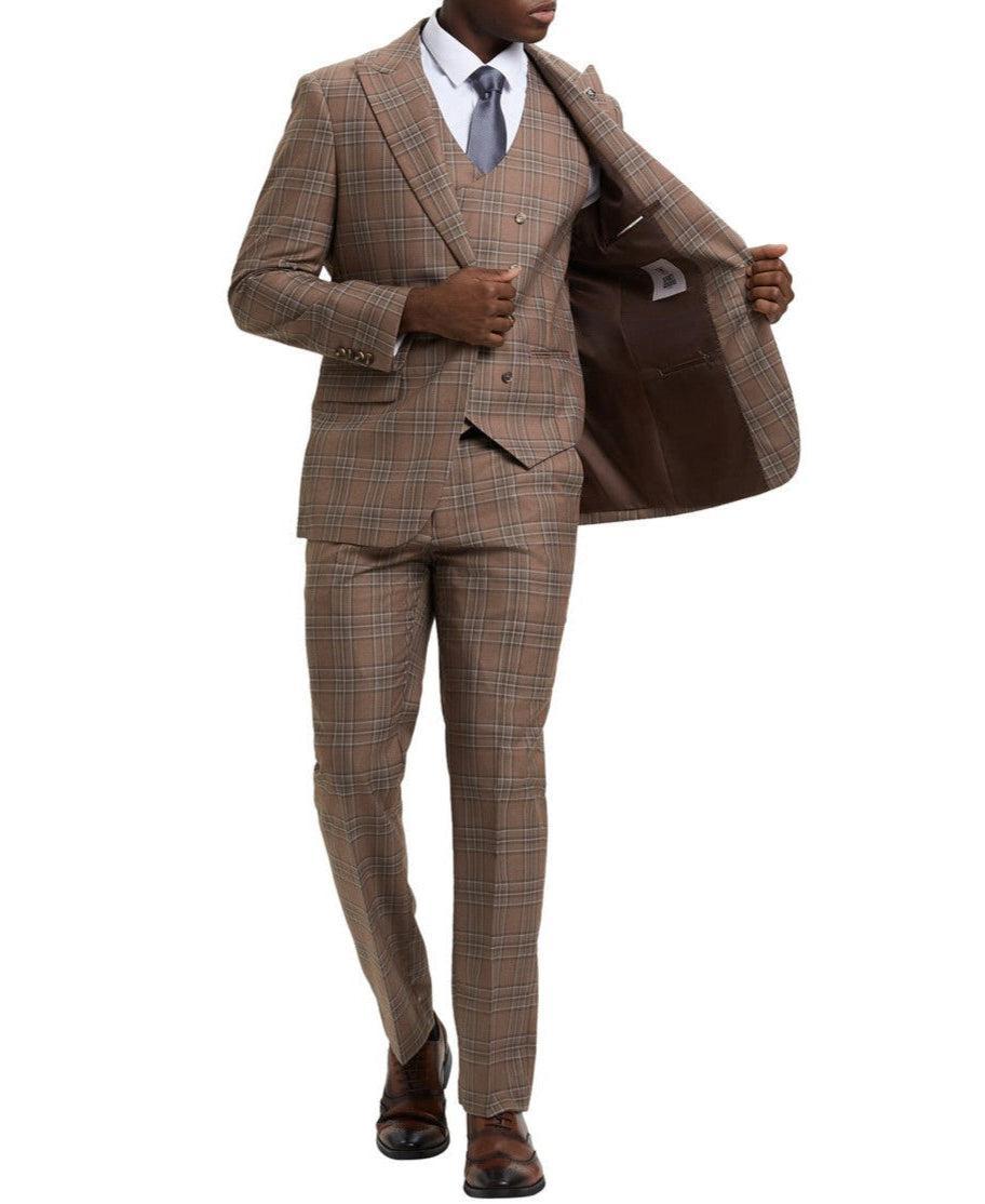 Stacy Adams - Brown 3 Piece 2 Button Plaid Peak Lapel Suit Product Image