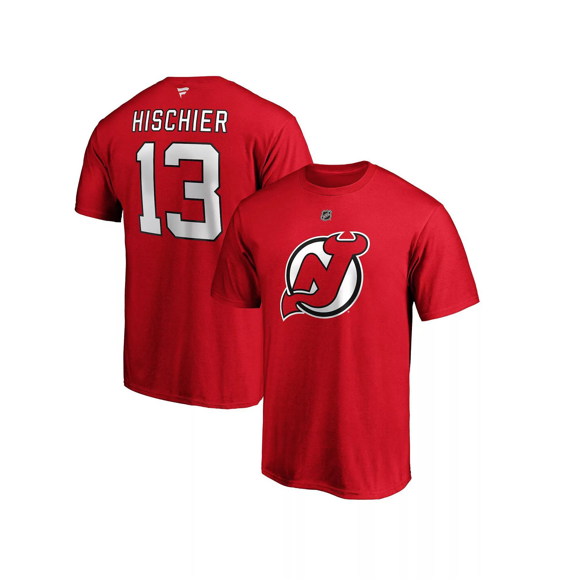 Men's Fanatics Branded Nico Hischier Red New Jersey Devils Team Authentic Stack Name & Number T-Shirt,  Product Image