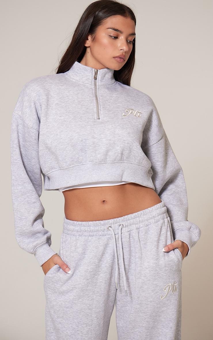 PRETTYLITTLETHING Grey Marl Tonal Embroidered Cropped Half Zip Sweatshirt Product Image