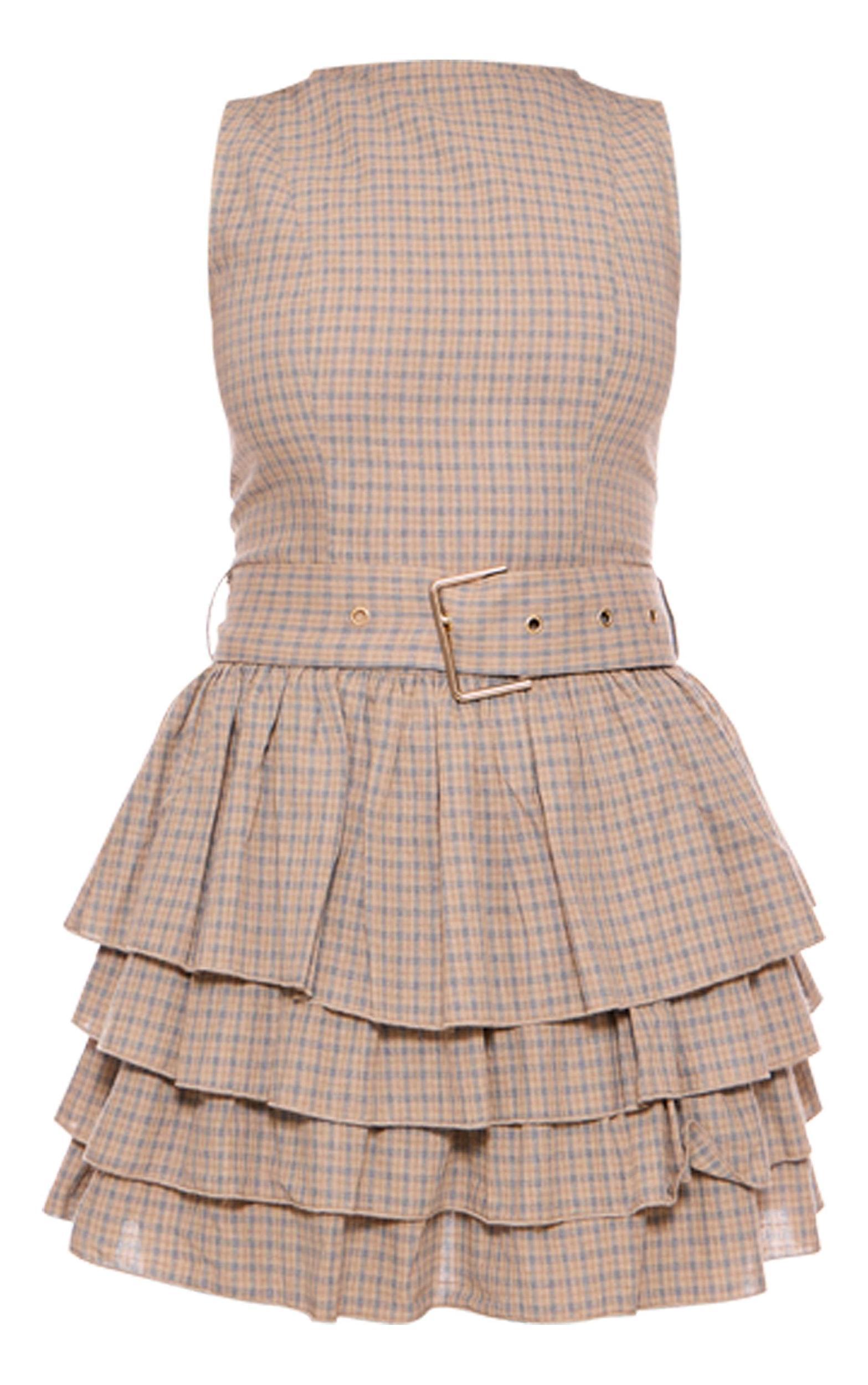 Stone Check Belted Frill Hem Shift Dress Product Image