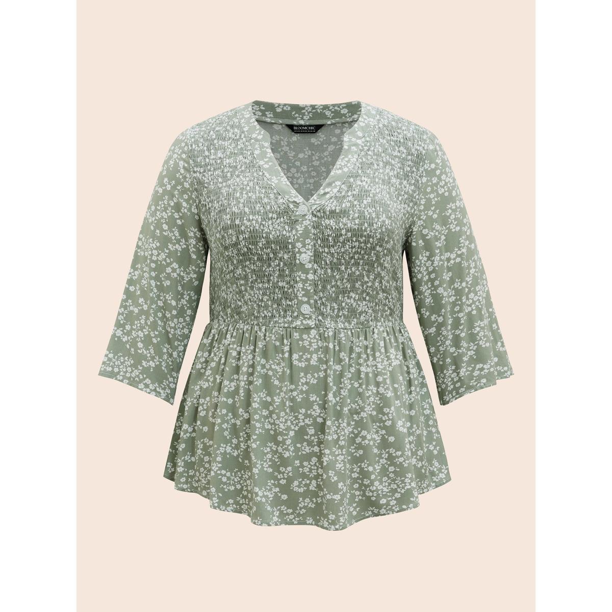 Plus Size Greenbean Ditsy Floral Pleated Button Detail Blouse Women Elegant Elbow-length sleeve Flat collar with V-notch Everyday Blouses BloomChic 30/6X Product Image