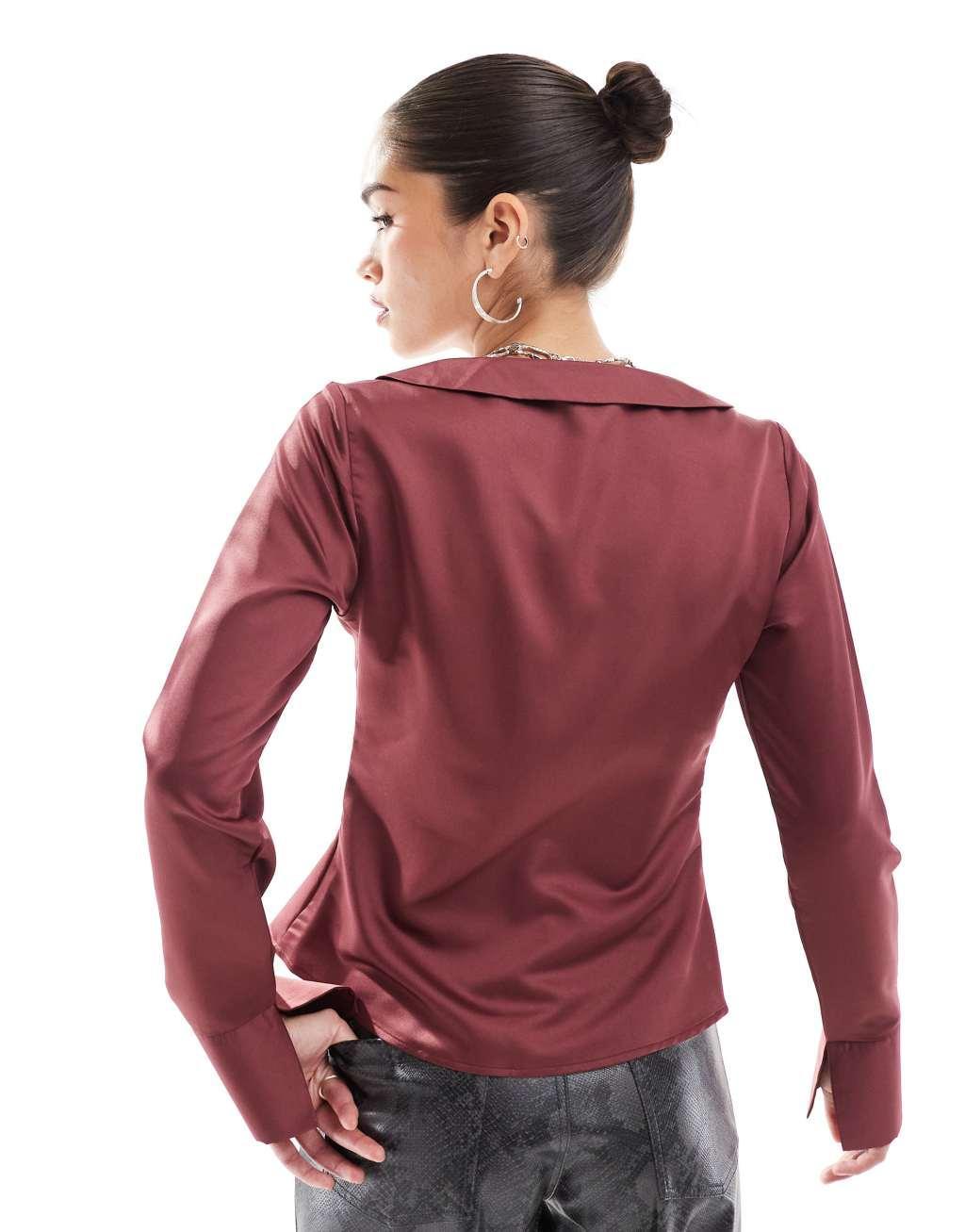 ASOS DESIGN satin fitted shirt in burgundy Product Image